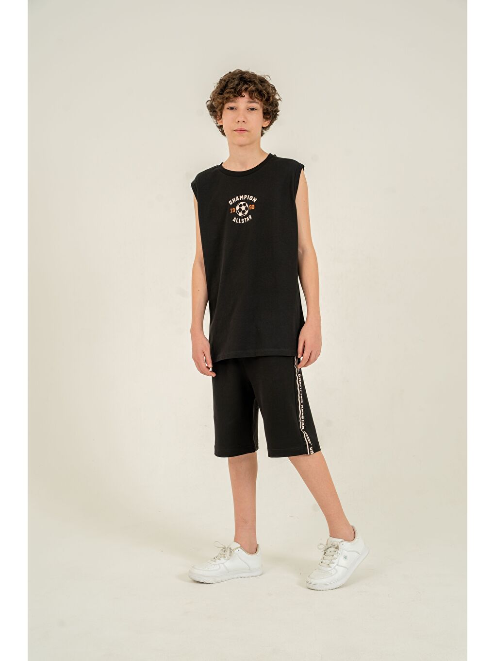 Siyah Champion Allstar 1990 Baskılı Üst Atlet Alt Sağ Sol  Baskılı Erkek Çocuk Şort - Atlet Takımı-1