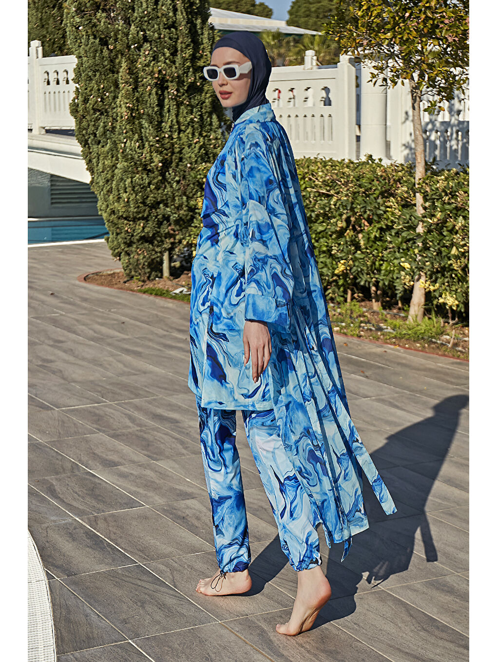 Mavi Tesettür Mayo Üzerine Tek Kaftan Kimono Pareo RP010 Nil-3