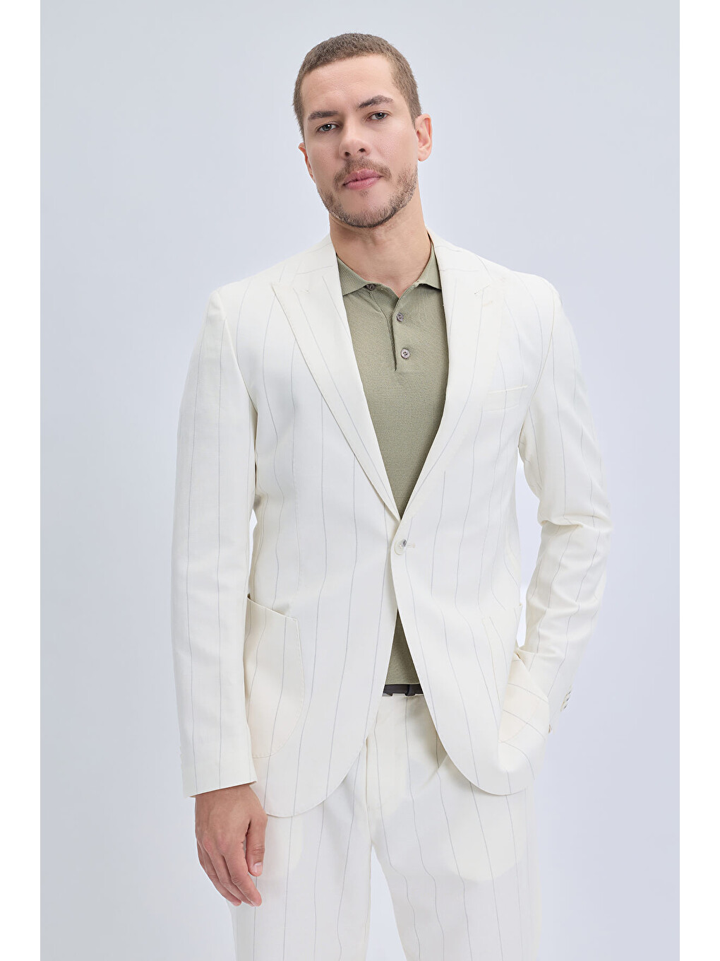 Beyaz Slim Fit Sivri Yaka Çizgili Keten Casual Takım Elbise-1