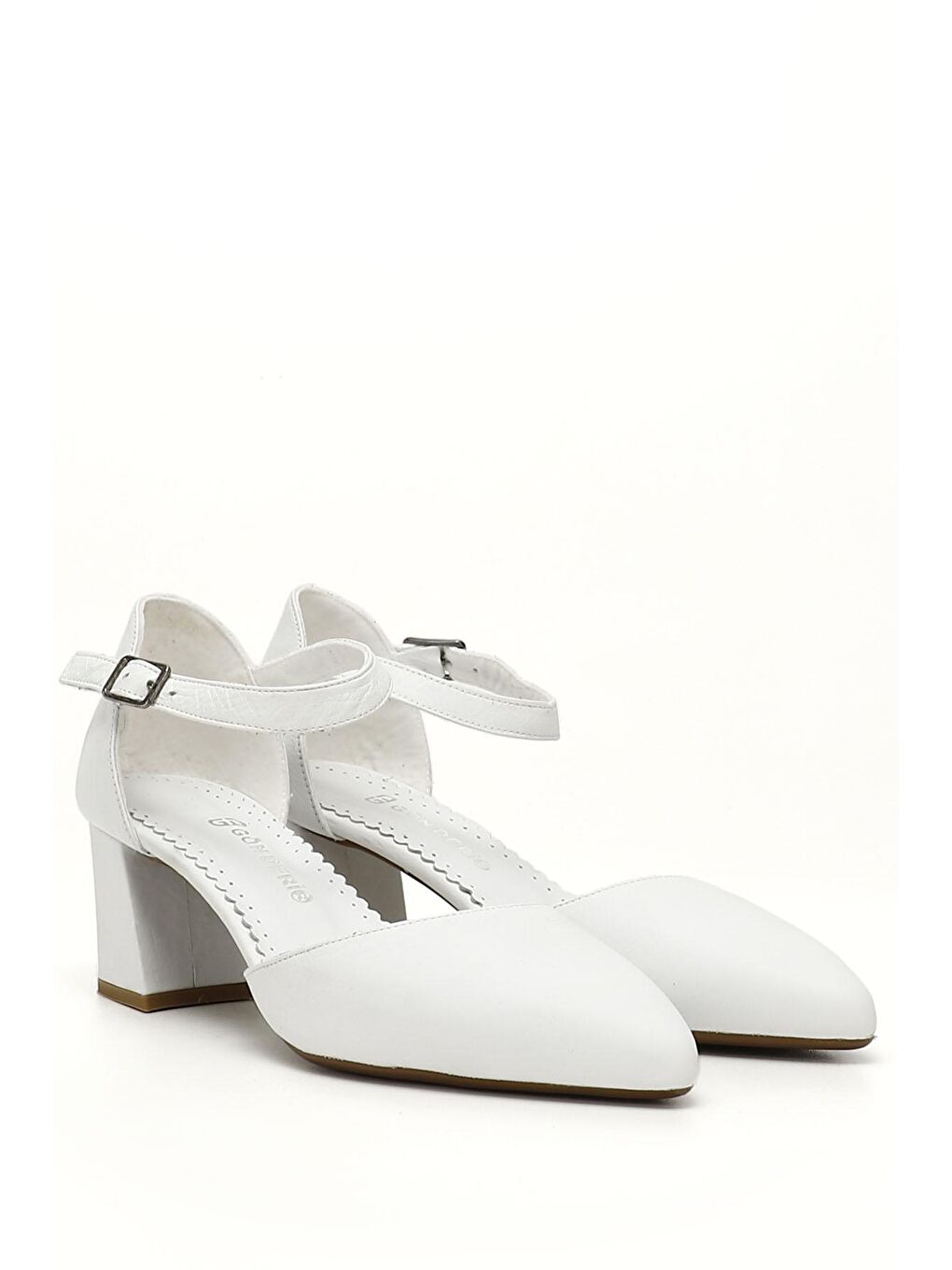Beyaz BEYAZ-AÇIK GRİ  Hakiki Deri Sivri Burun Bilek Bağlı Orta Kalın Topuklu Kadın Ayakkabı 24121-1