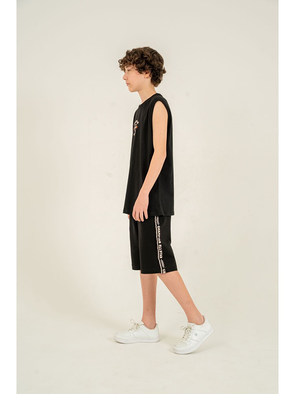 Siyah Champion Allstar 1990 Baskılı Üst Atlet Alt Sağ Sol  Baskılı Erkek Çocuk Şort - Atlet Takımı-2