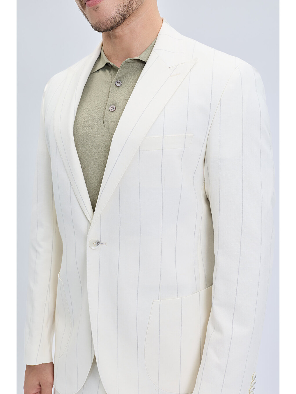 Beyaz Slim Fit Sivri Yaka Çizgili Keten Casual Takım Elbise-2
