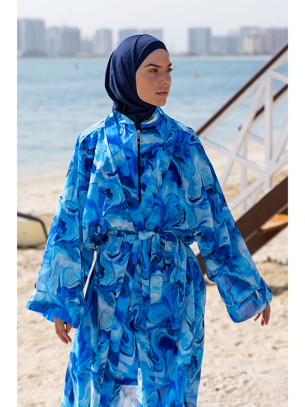 Mavi Tesettür Mayo Üzerine Tek Kaftan Kimono Pareo RP010 Nil-4