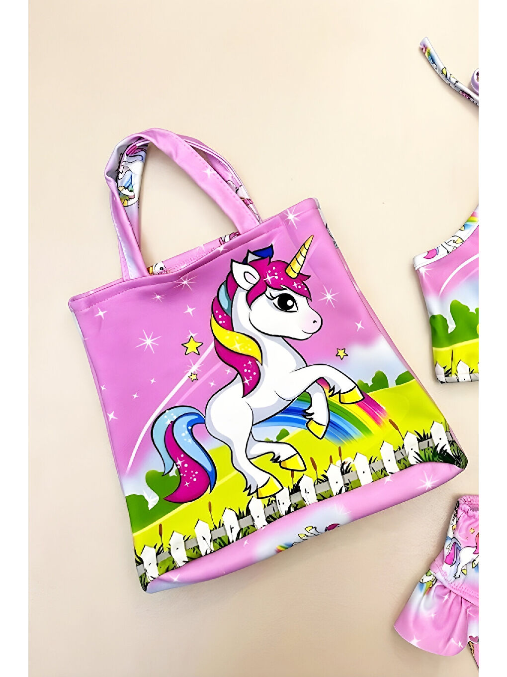 Pembe Kız Çocuk Çantalı 3'lü Mayo Takımı (Çanta+Mayo+Bikini) 3-10 Yaş 12586N-2