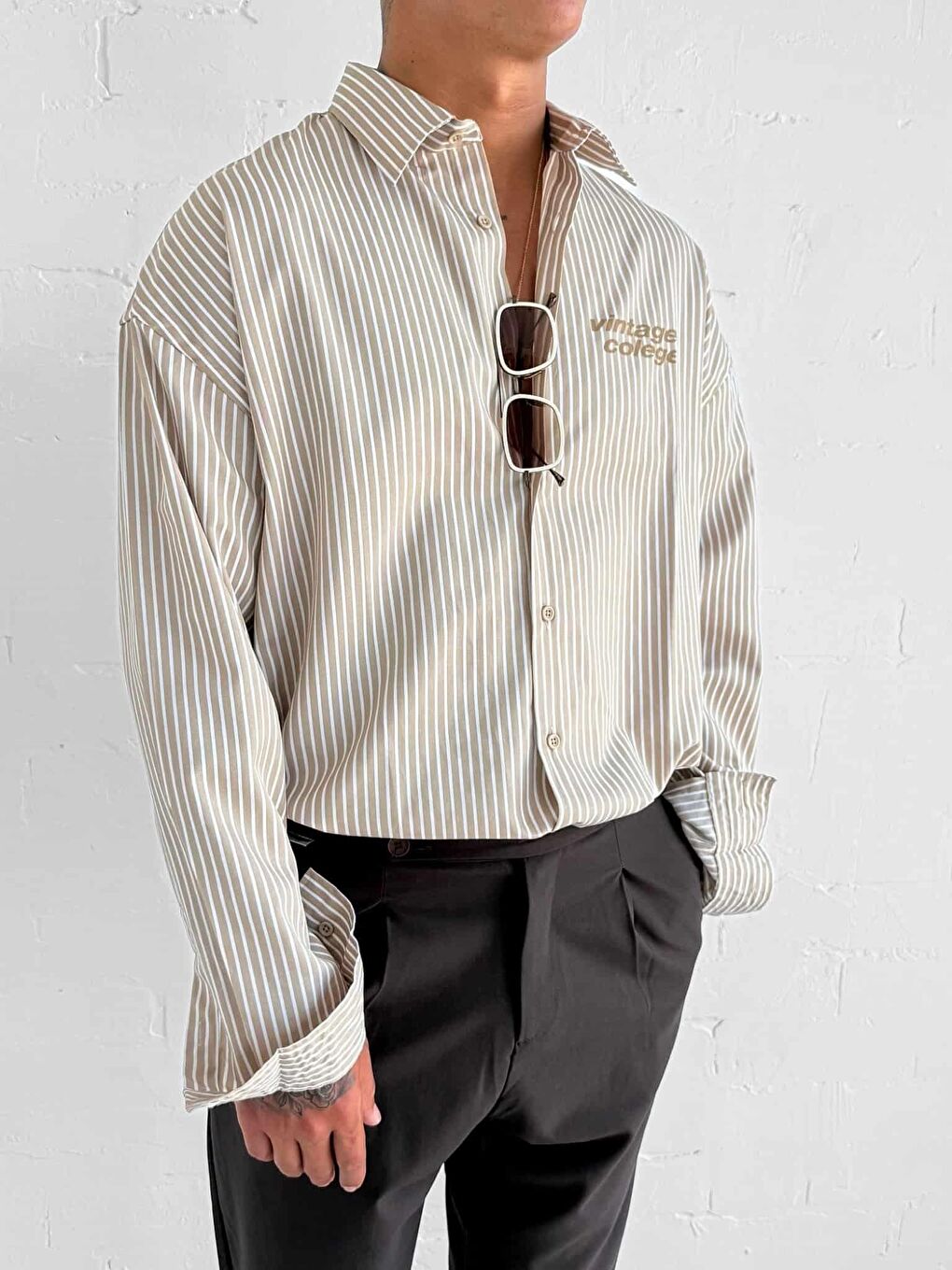 Kahverengi Erkek Oversize Baskılı Uzun Kollu Gömlek Açık Kahve