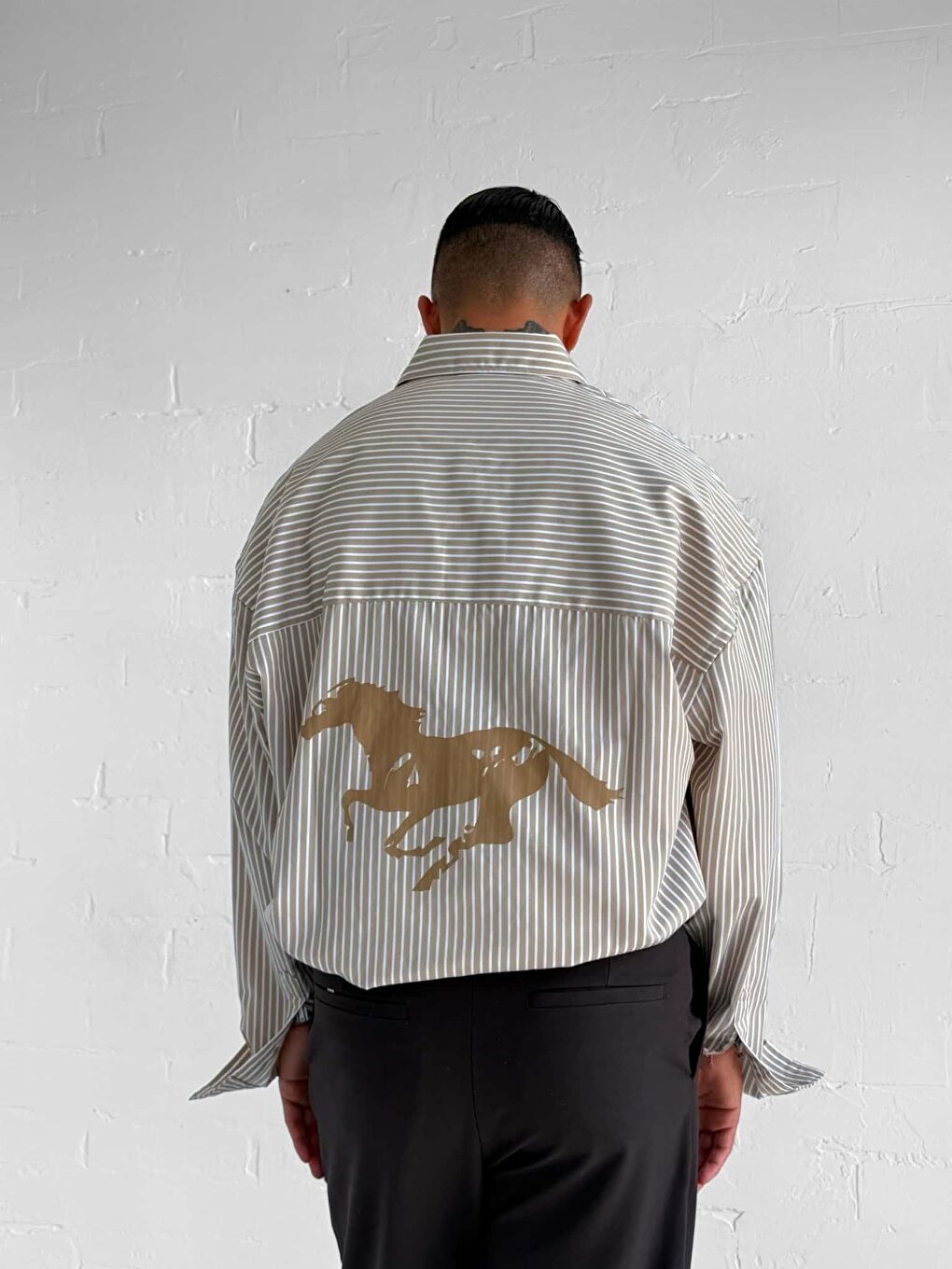 Kahverengi Erkek Oversize Baskılı Uzun Kollu Gömlek Açık Kahve-1