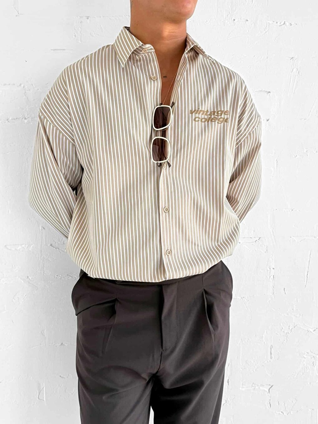 Kahverengi Erkek Oversize Baskılı Uzun Kollu Gömlek Açık Kahve-2