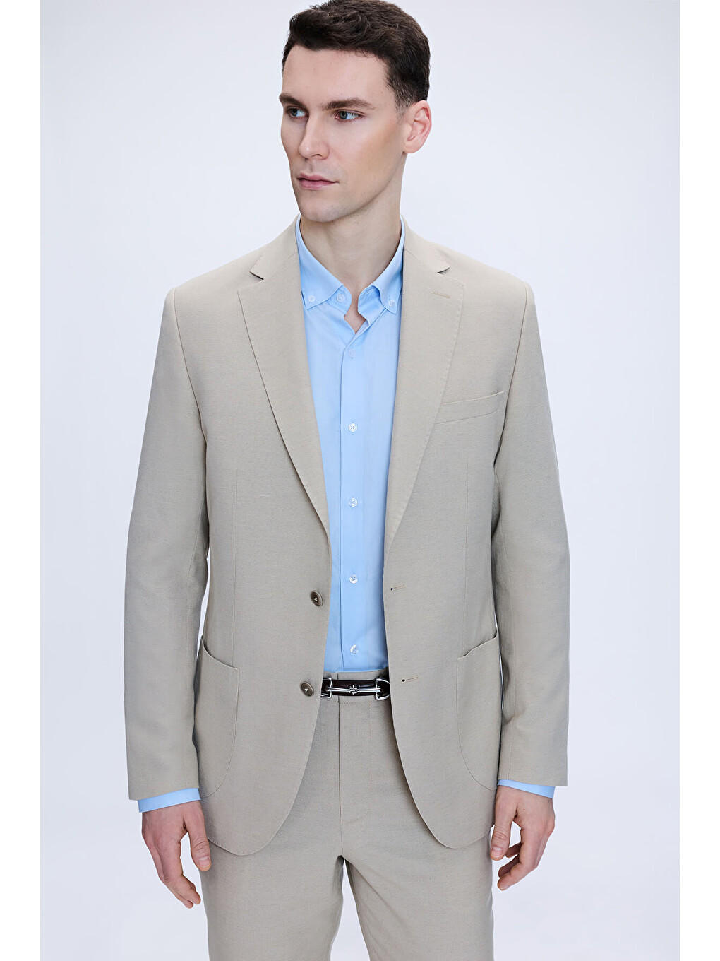 Bej Vizon Slim Fit Mono Yaka Keten Takım Elbise-1