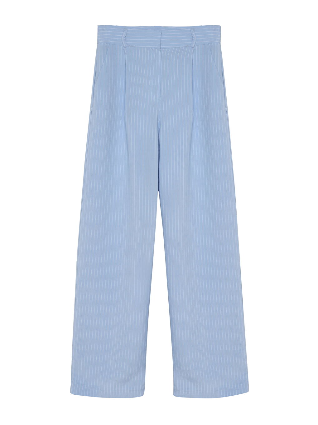 İnce Çizgili Yüksek Bel Pantolon Mavi