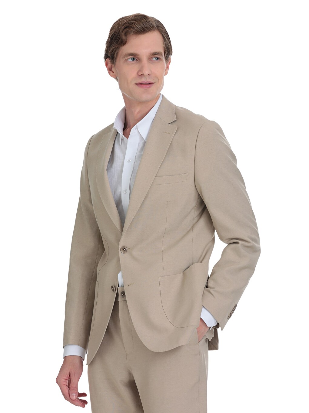 Bej Vizon Slim Fit Mono Yaka Keten Takım Elbise-2