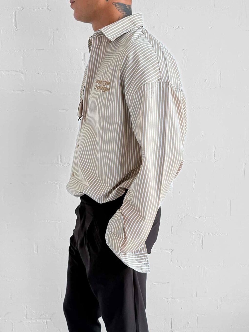 Kahverengi Erkek Oversize Baskılı Uzun Kollu Gömlek Açık Kahve-3