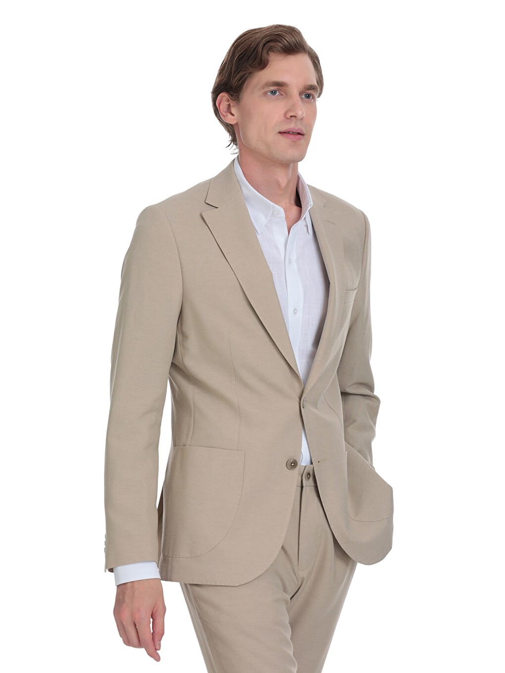 Bej Vizon Slim Fit Mono Yaka Keten Takım Elbise-3
