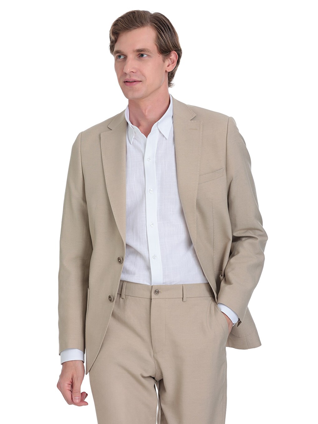 Bej Vizon Slim Fit Mono Yaka Keten Takım Elbise-4