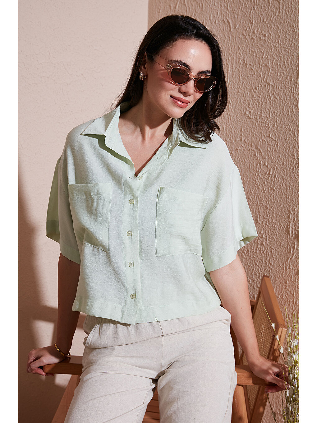 Yeşil Regular Fit Cep Detaylı Kısa Kollu Gömlek 6778568