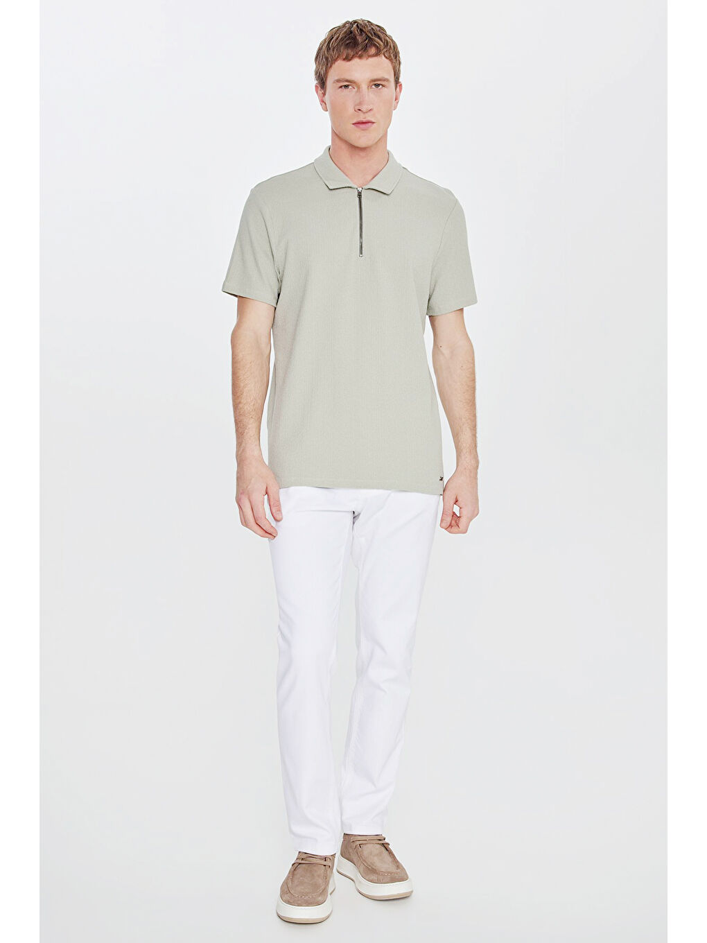 Yeşil Erkek Mint %100 Pamuk Slim Fit Dar Kesim Polo Yaka Jakarlı Tişört-1