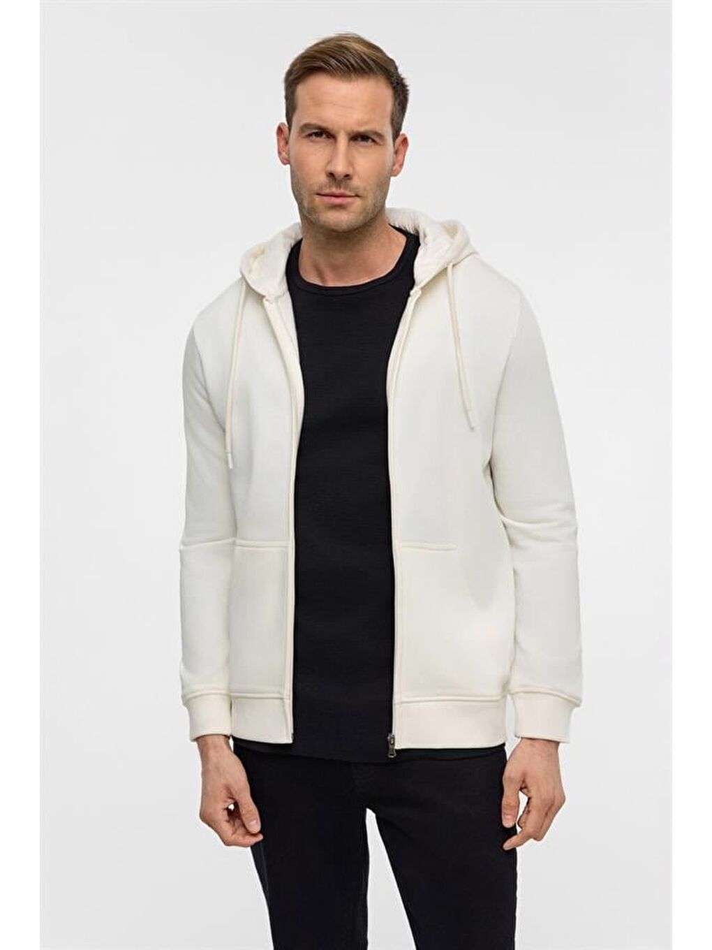 Beyaz Regular Düz Bisiklet Yaka Sweatshirt