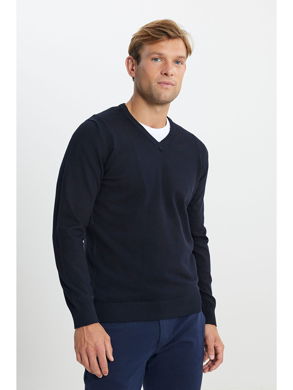Erkek Lacivert Pamuklu Standart Fit Normal Kesim V Yaka Basic Triko Kazak-2