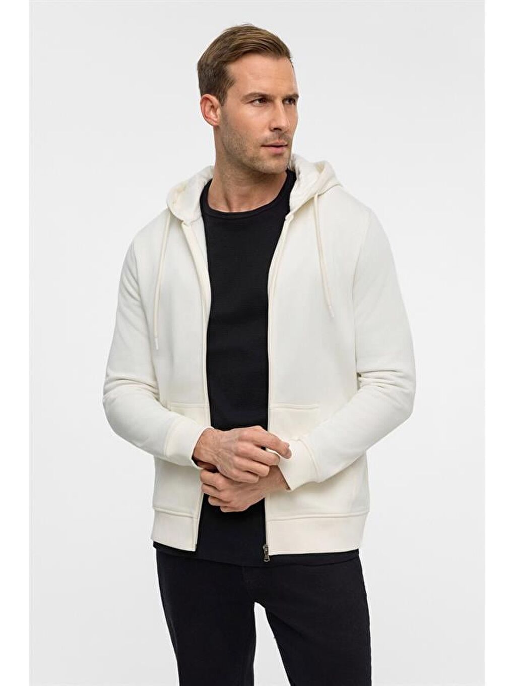 Beyaz Regular Düz Bisiklet Yaka Sweatshirt-1