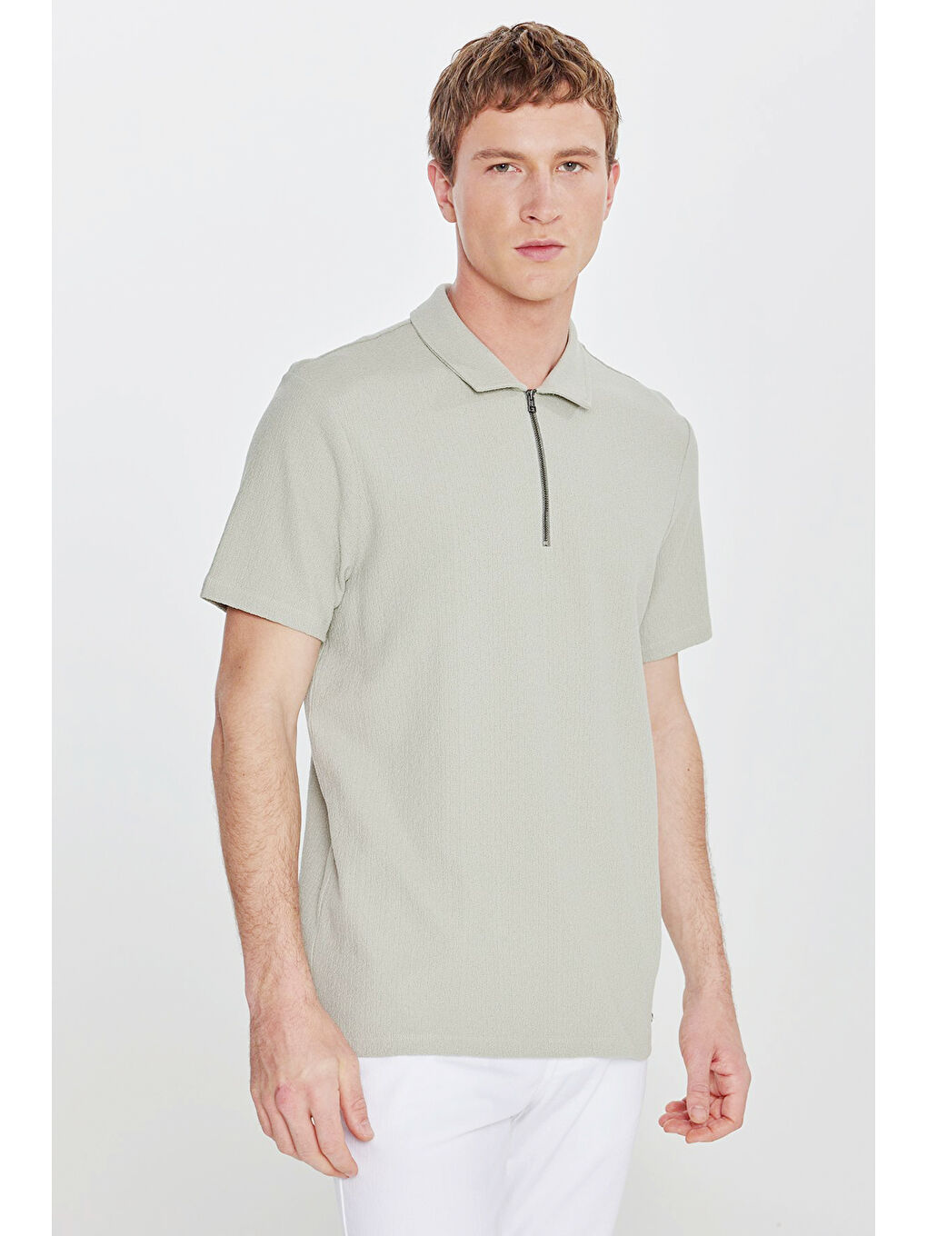 Yeşil Erkek Mint %100 Pamuk Slim Fit Dar Kesim Polo Yaka Jakarlı Tişört-2