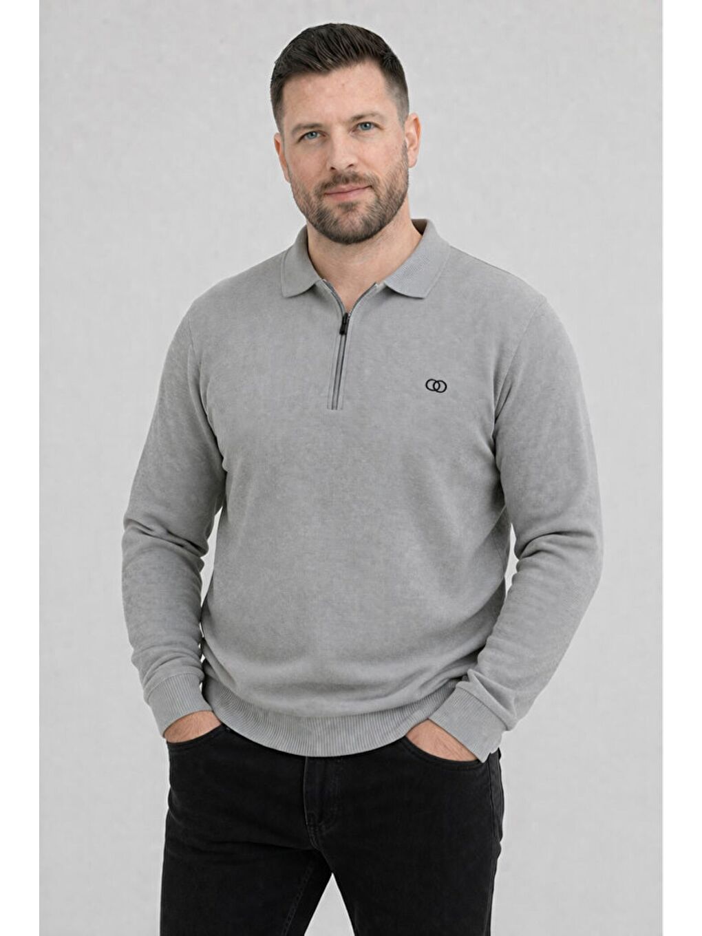 Gri Erkek Pamuklu Polo Yaka Yarım Fermuarlı Manşetli Fitilli Kaliteli Uzun Kollu Kazak