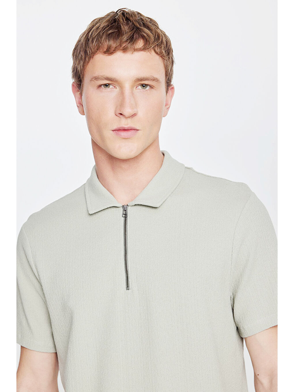 Yeşil Erkek Mint %100 Pamuk Slim Fit Dar Kesim Polo Yaka Jakarlı Tişört-3