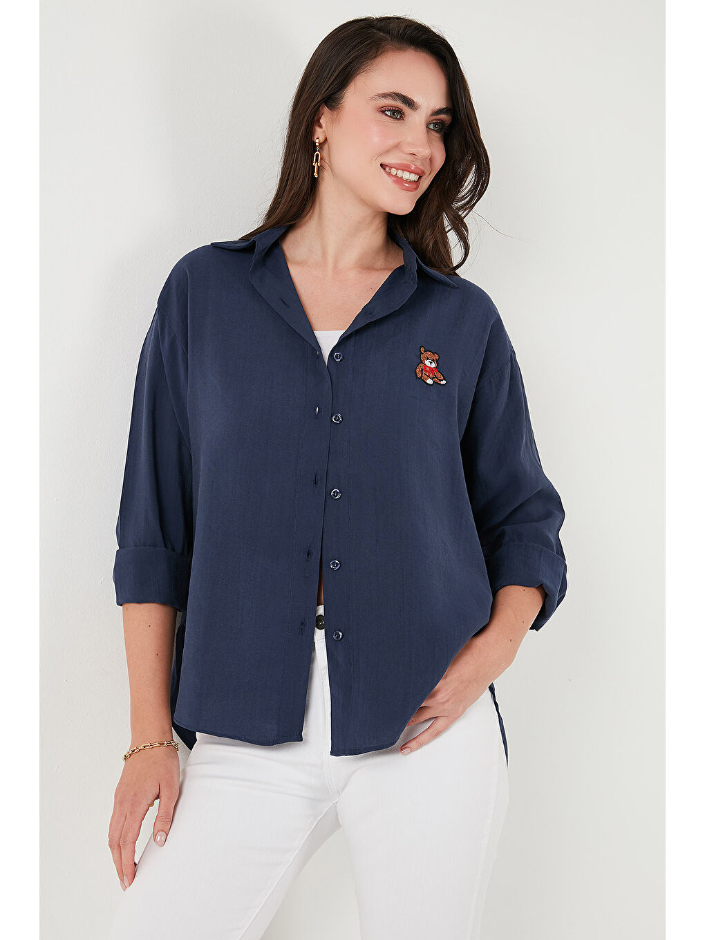 Lacivert Pamuk Karışımlı Regular Fit Ayıcık İşlemeli Gömlek 6773106-2