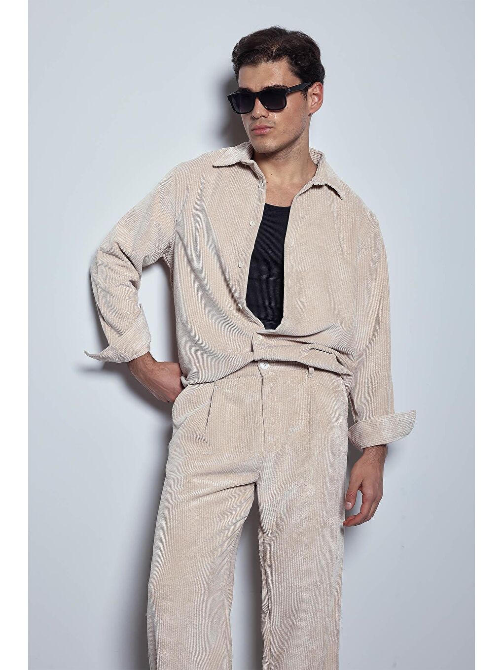 Bej Erkek Oversize Kadife Dokulu Uzun Kollu Gömlek Taş Rengi-1