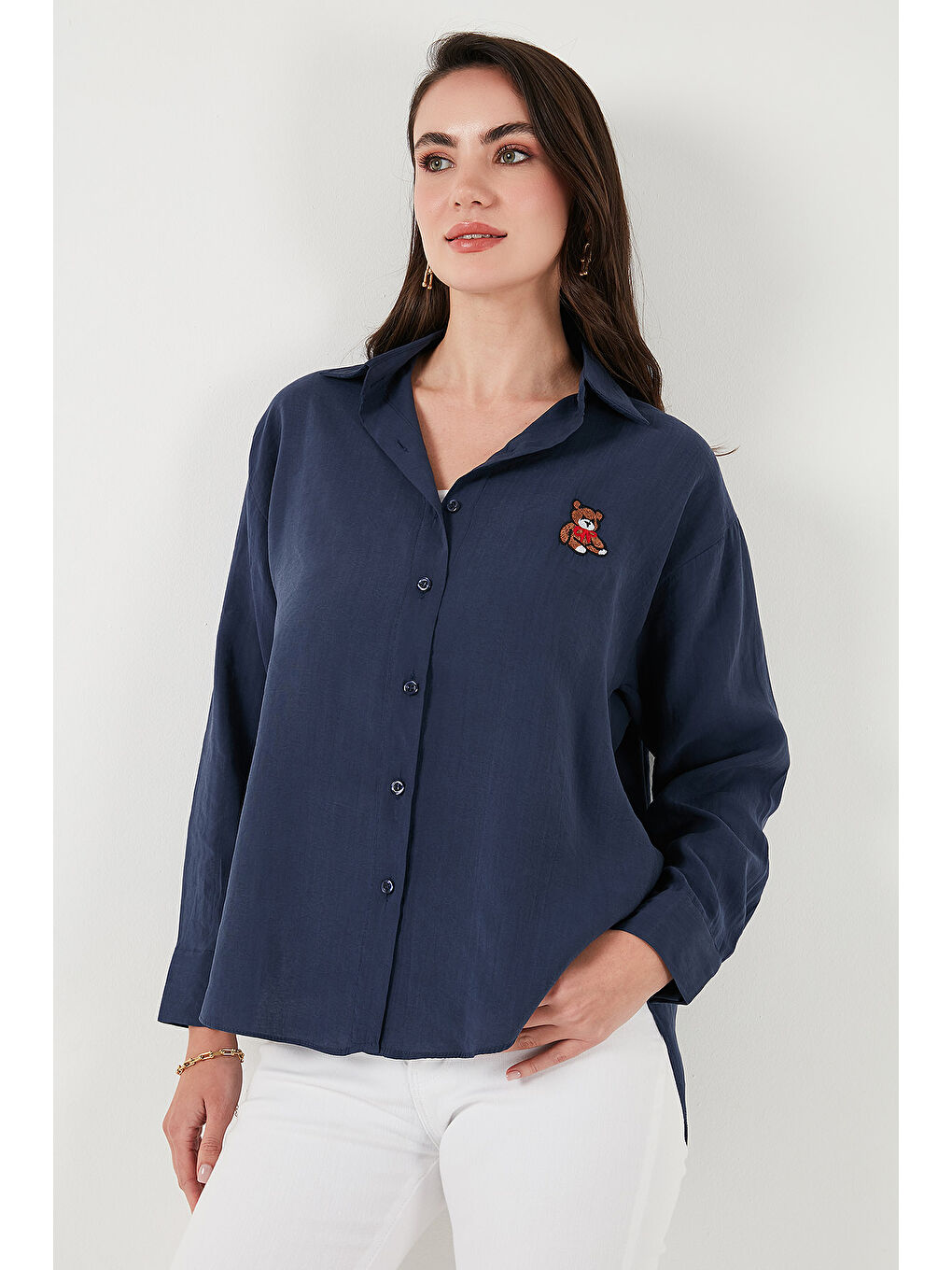 Lacivert Pamuk Karışımlı Regular Fit Ayıcık İşlemeli Gömlek 6773106-4