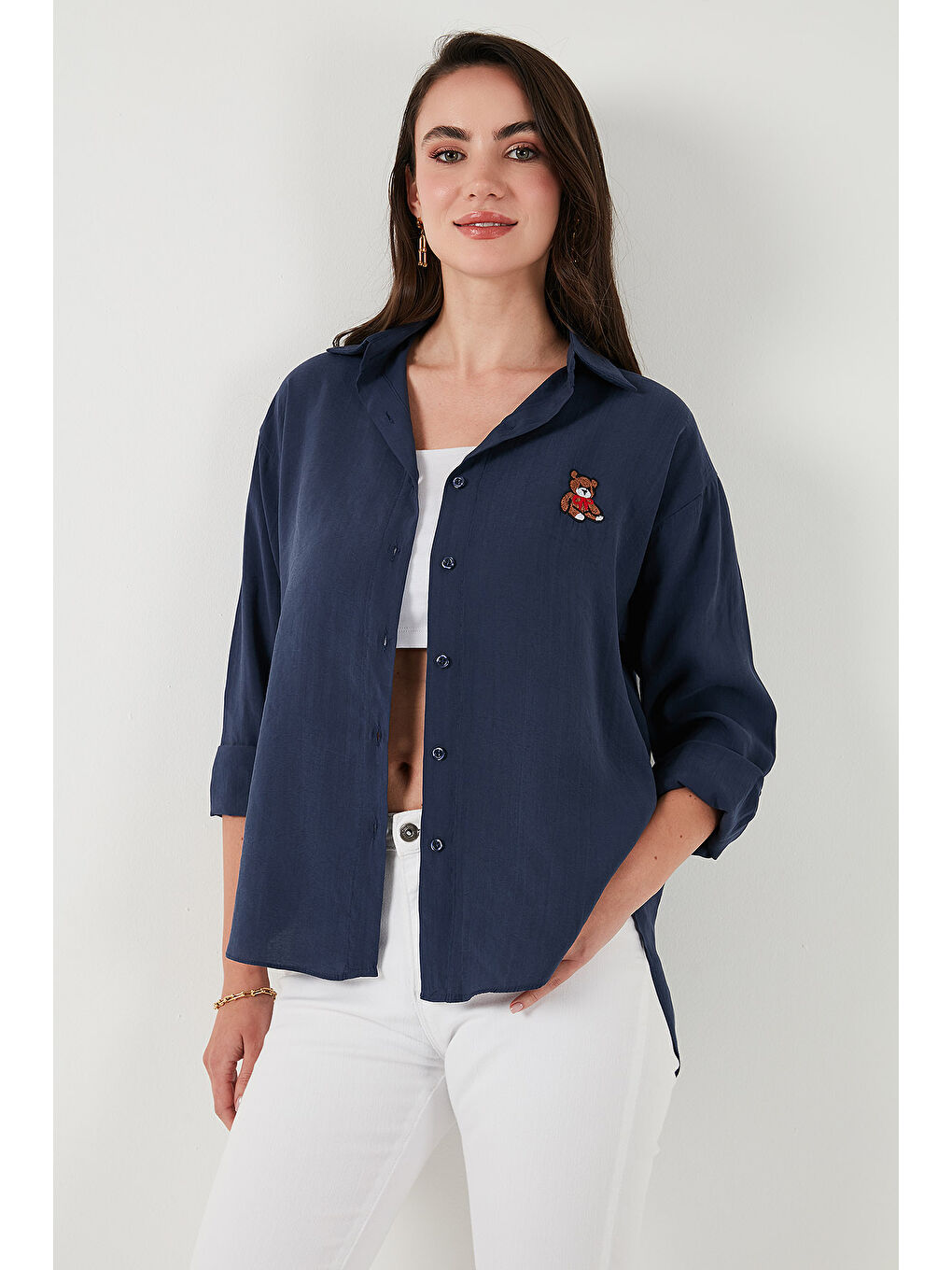 Lacivert Pamuk Karışımlı Regular Fit Ayıcık İşlemeli Gömlek 6773106-5