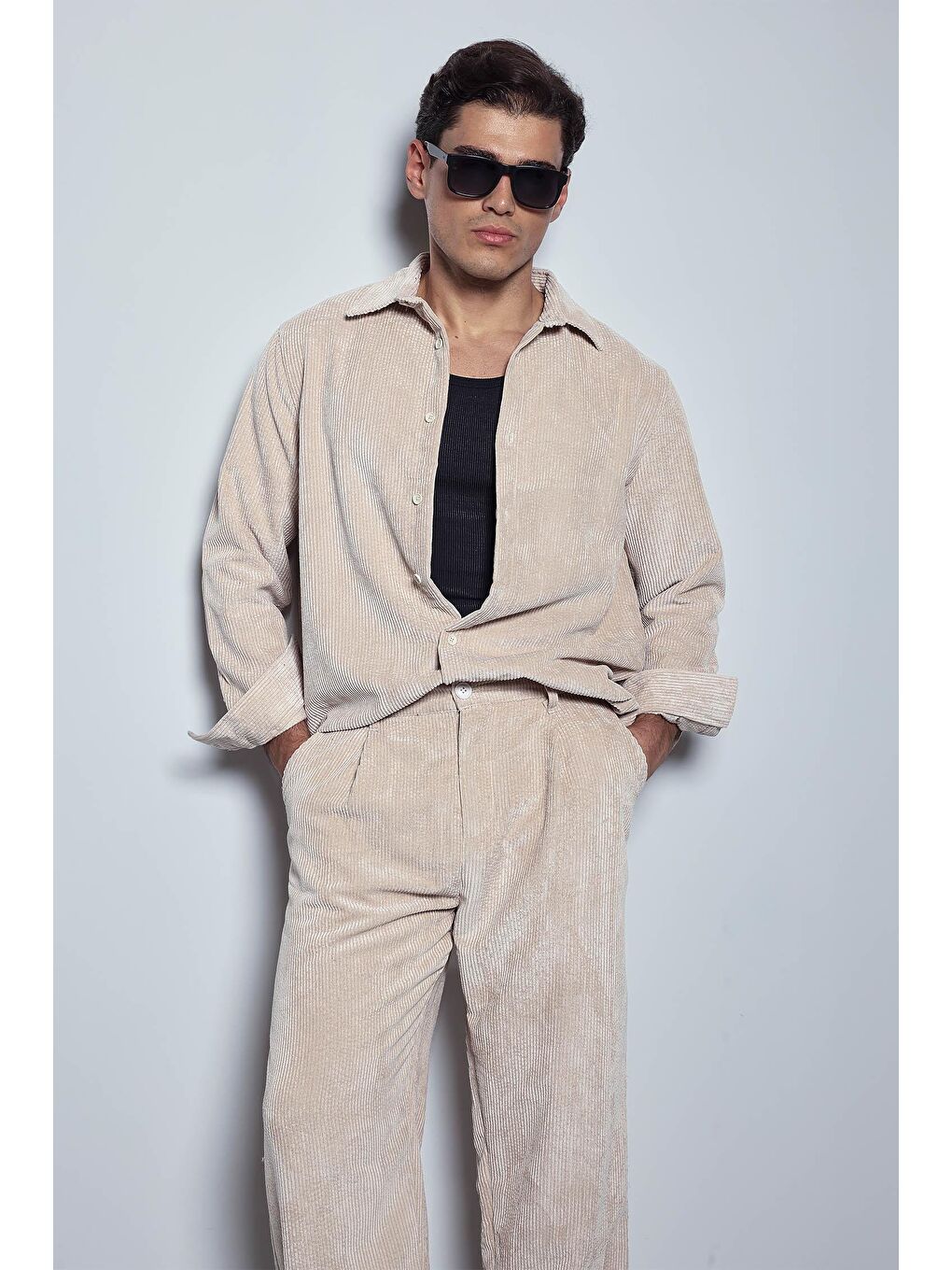 Bej Erkek Oversize Kadife Dokulu Uzun Kollu Gömlek Taş Rengi-2