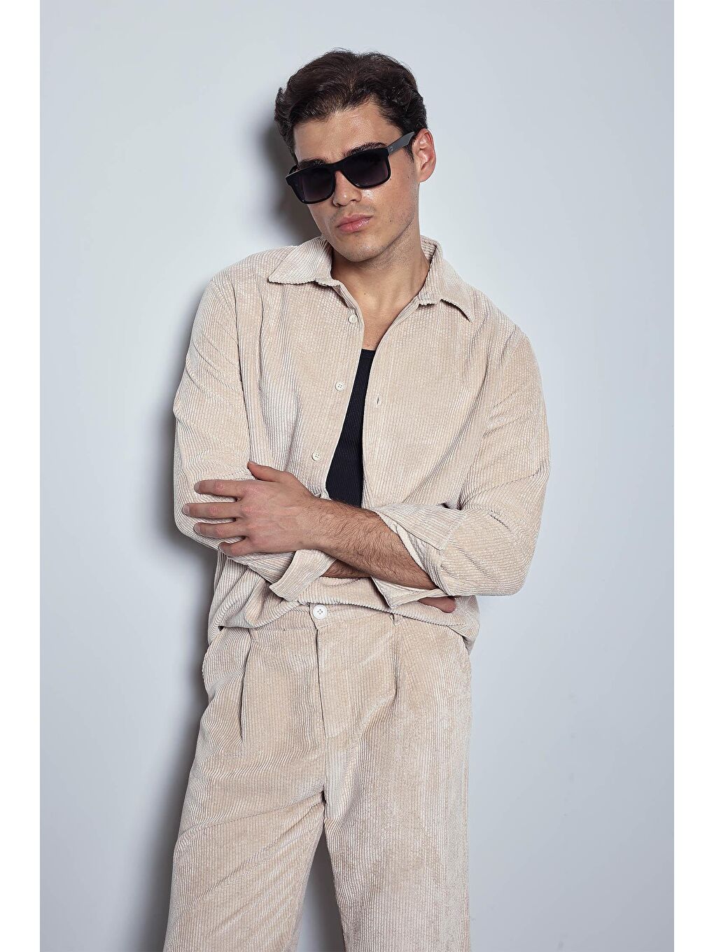 Bej Erkek Oversize Kadife Dokulu Uzun Kollu Gömlek Taş Rengi-3