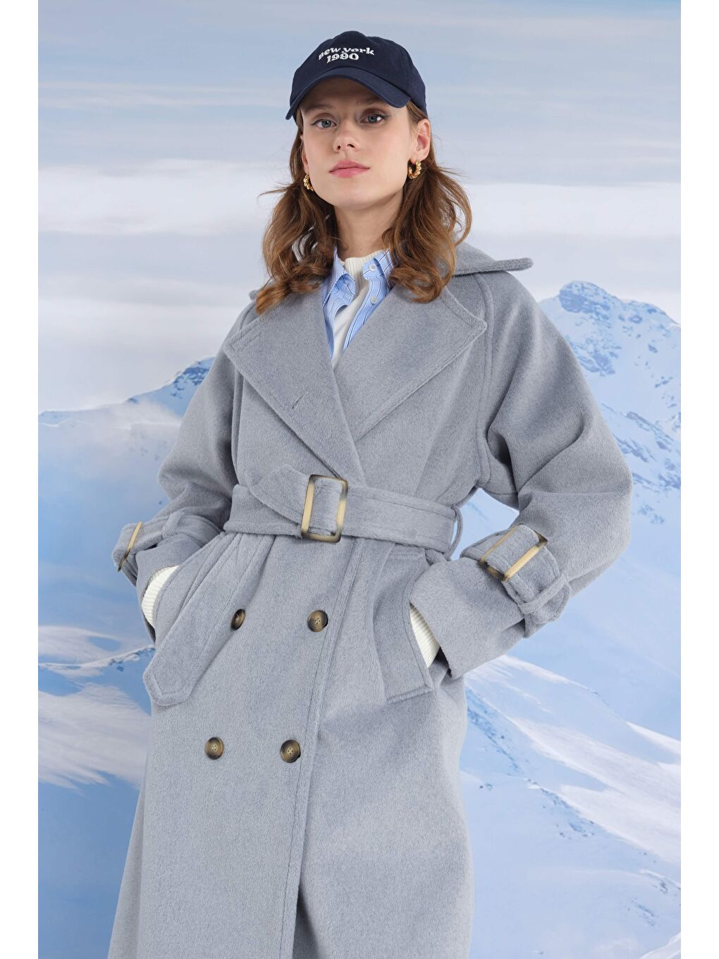 Gri Uzun Kruvaze Kaban Sis-3