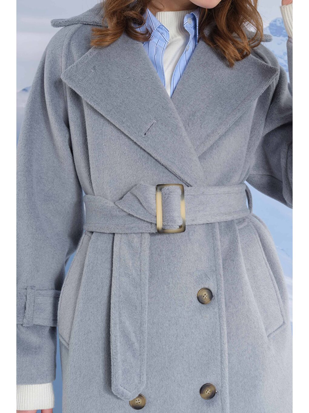 Gri Uzun Kruvaze Kaban Sis-4