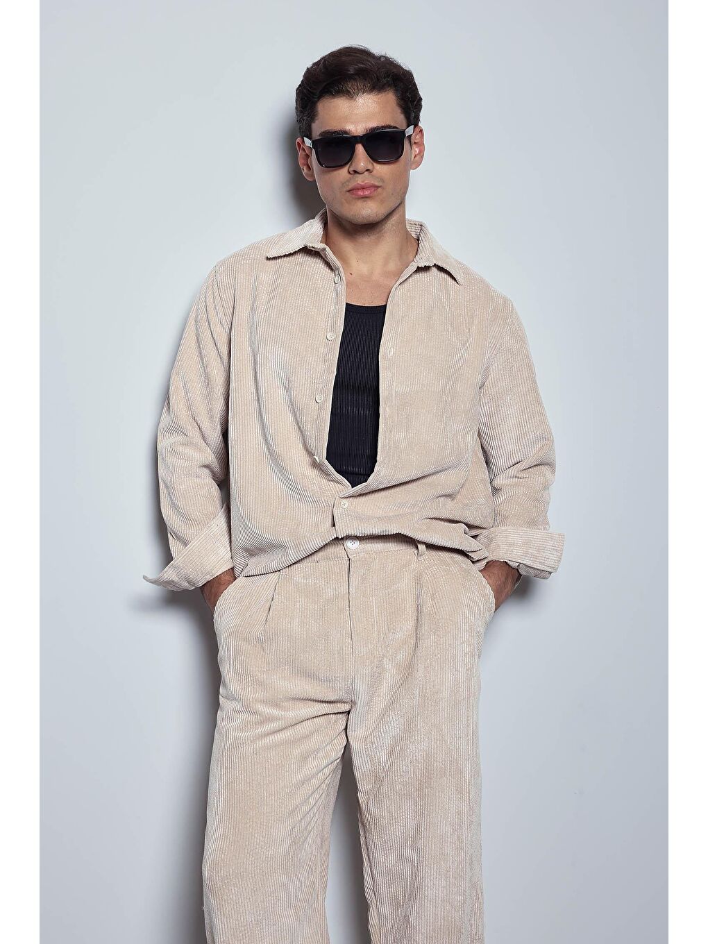 Bej Erkek Oversize Kadife Dokulu Uzun Kollu Gömlek Taş Rengi-4