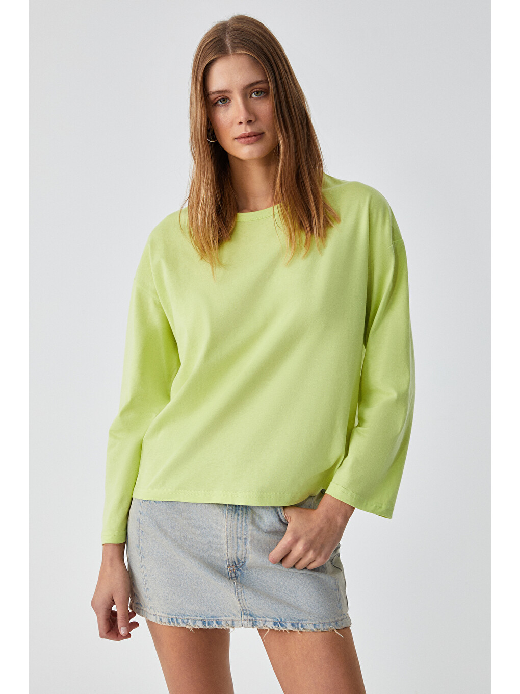 Yeşil BASIL Kadını Oversize %100 Organik Pamuk Örme Uzun Kol YEŞİL T-Shirt