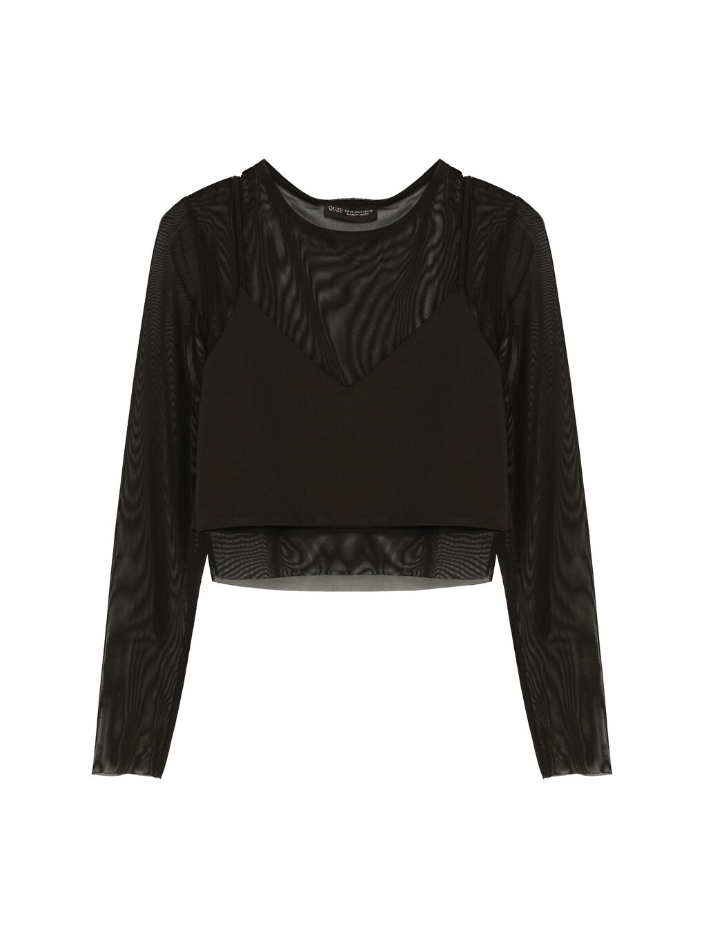 Tül Kol Detaylı Crop Bluz Siyah