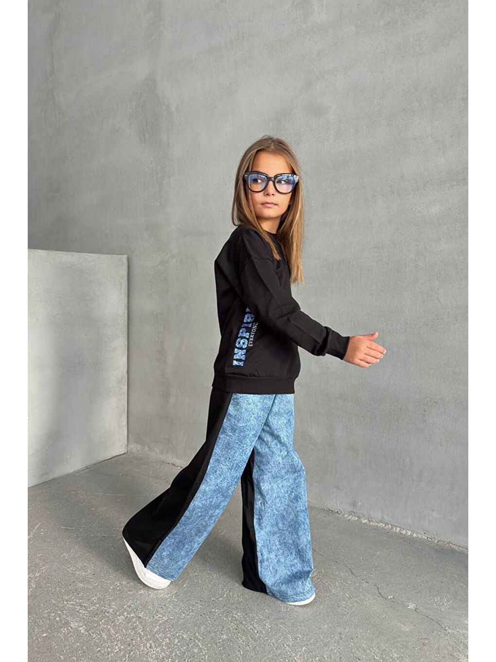 Siyah Kız Çocuk Denim Detaylı Takım 4-12 Yaş 11999