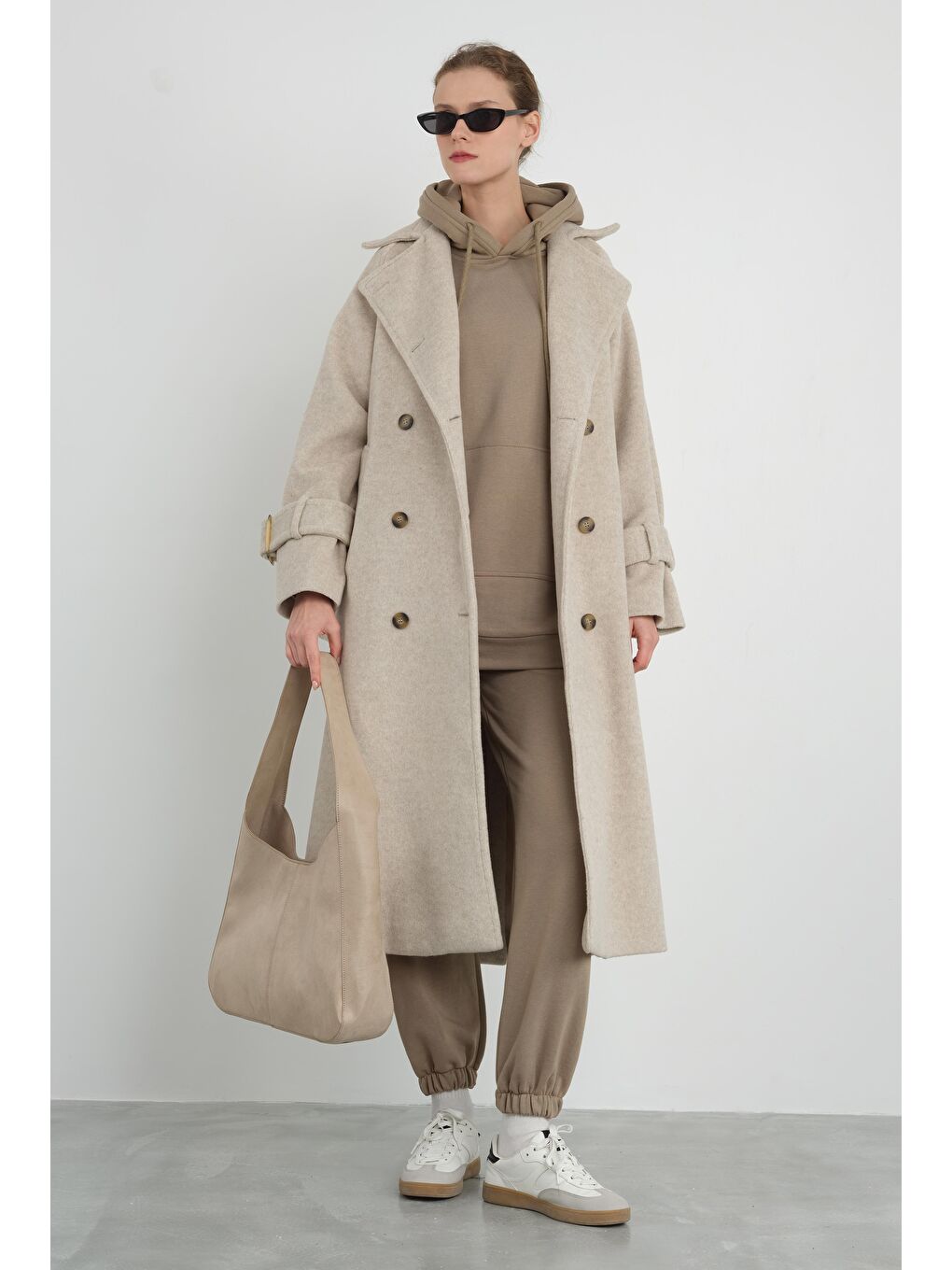 Uzun Kruvaze Kaban Bej