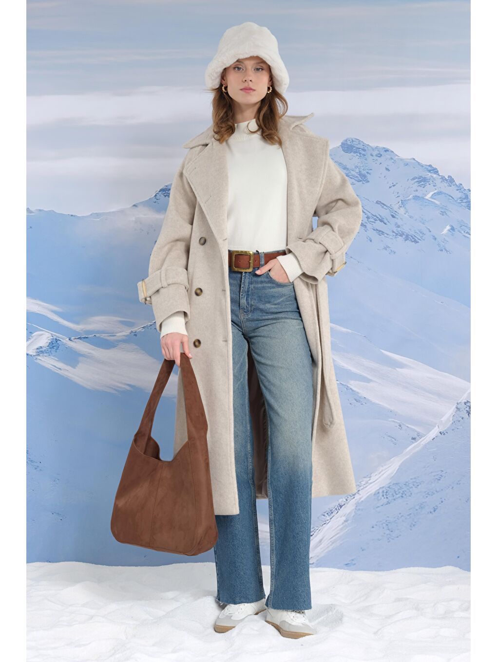 Uzun Kruvaze Kaban Bej-2