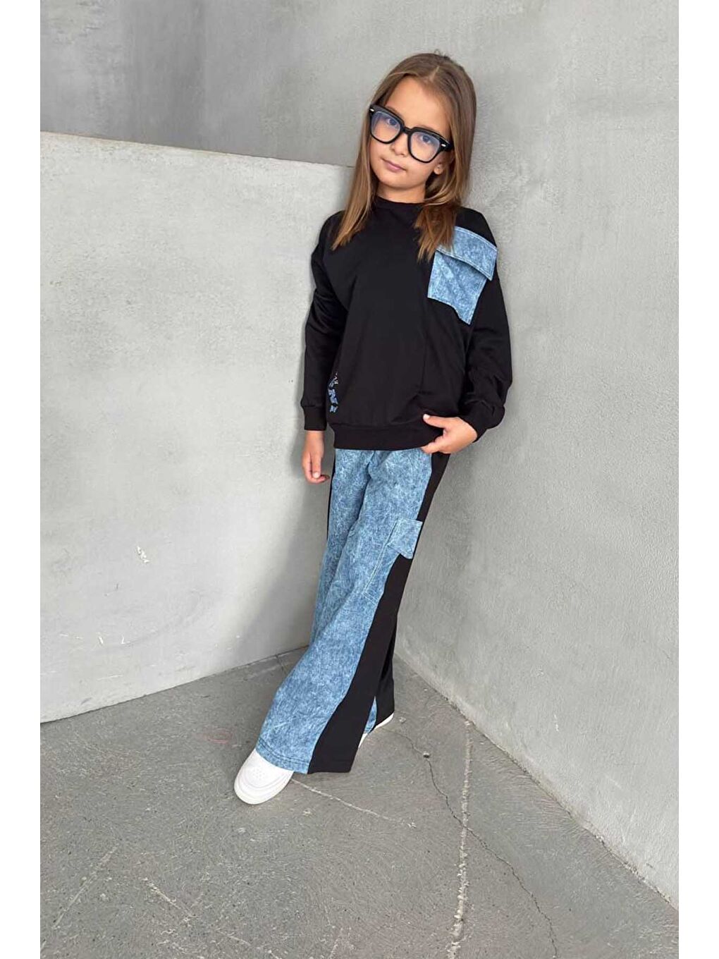 Siyah Kız Çocuk Denim Detaylı Takım 4-12 Yaş 11999-1