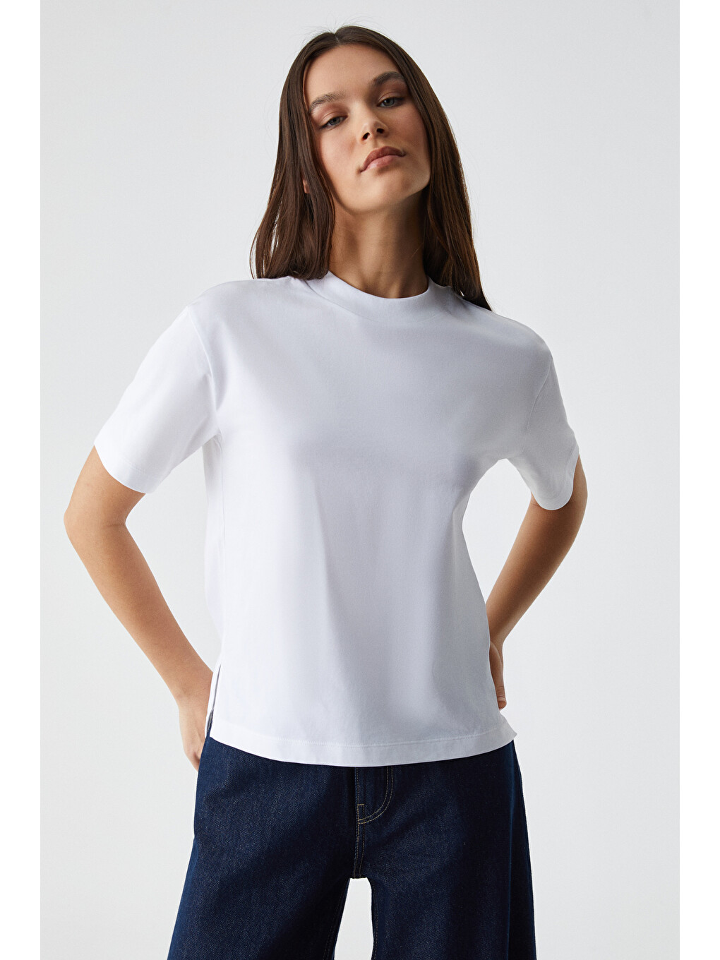 Beyaz REMSOS Kadın Oversize Bisiklet Yaka Kısa Kol BEYAZ T-Shirt