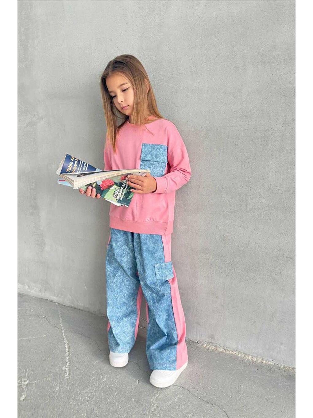 Pembe Kız Çocuk Denim Detaylı Takım 4-12 Yaş 11998