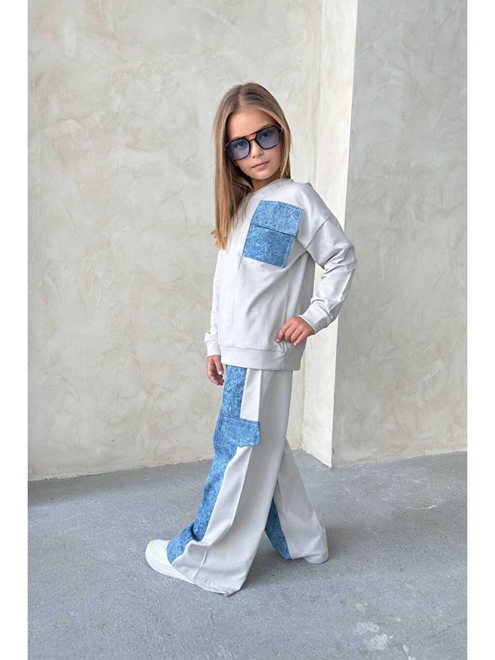 Beyaz Kız Çocuk Denim Detaylı Takım 4-12 Yaş 12001