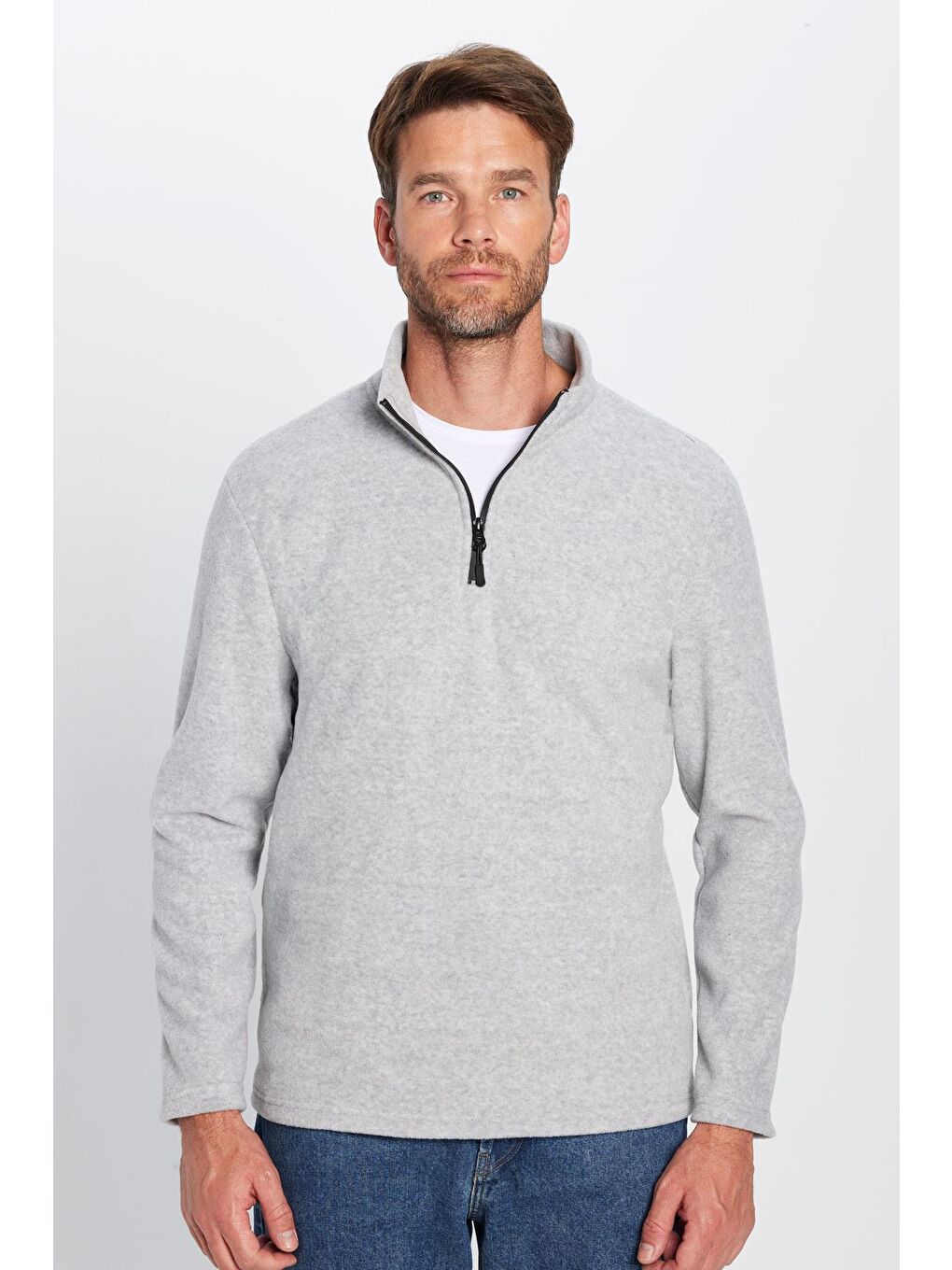 Unisex Standart Fit Anti-Pilling Tüylenme Yapmayan Soğuk Geçirmez Gri Dik Bato Yaka Polar Sweatshirt-1