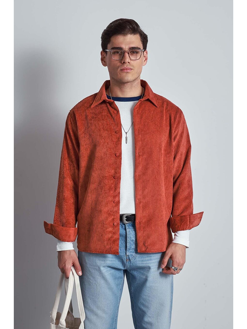 Kahverengi Erkek Oversize Kadife Dokulu Uzun Kollu Gömlek Kiremit-1