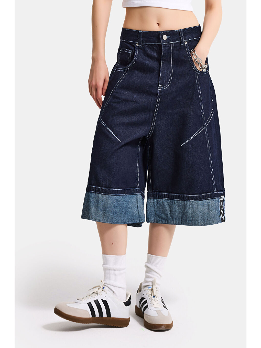 Kadın İndigo Selvedge 7s6-50 Baggy Fit Maxi Boy Özel Tasarım Denim Bermuda Şort