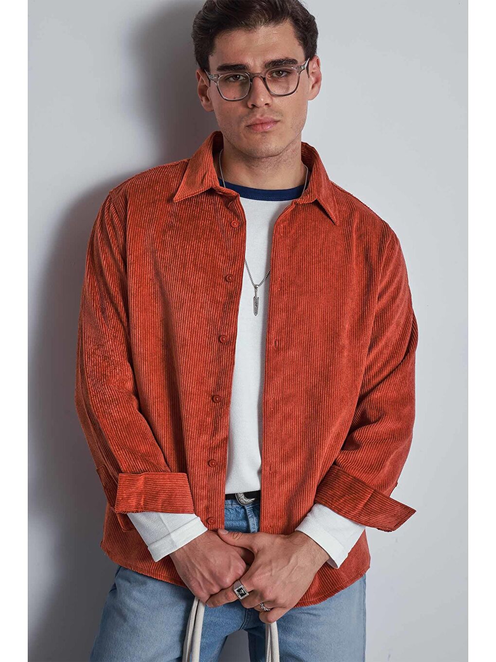 Kahverengi Erkek Oversize Kadife Dokulu Uzun Kollu Gömlek Kiremit-2