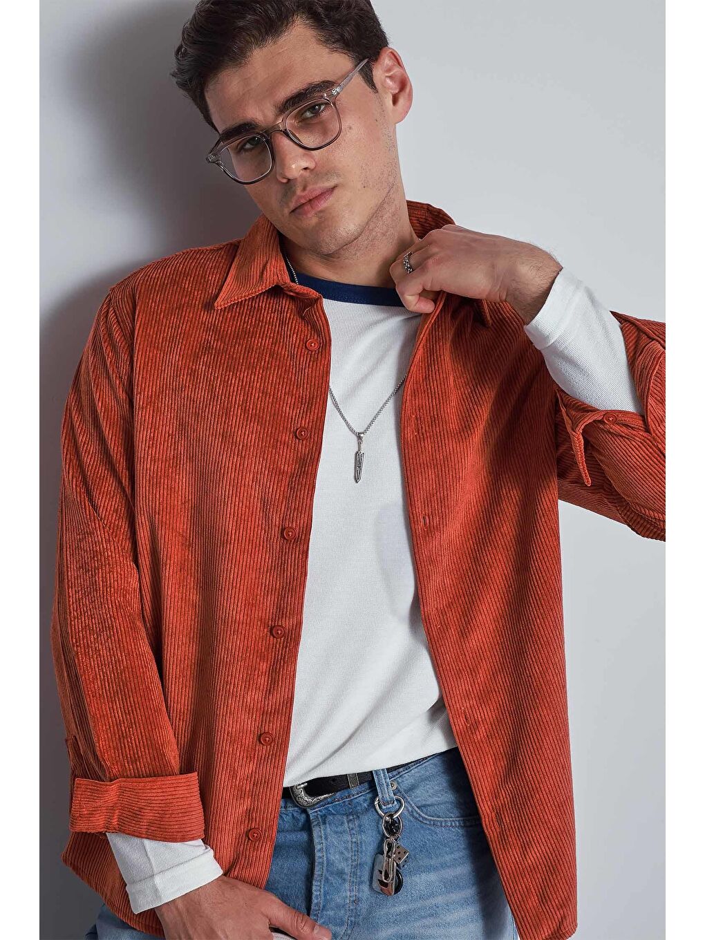 Kahverengi Erkek Oversize Kadife Dokulu Uzun Kollu Gömlek Kiremit-3