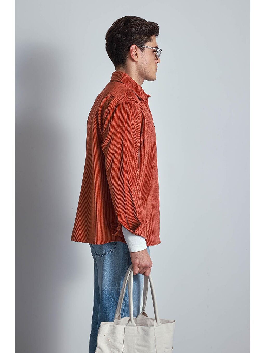 Kahverengi Erkek Oversize Kadife Dokulu Uzun Kollu Gömlek Kiremit-4