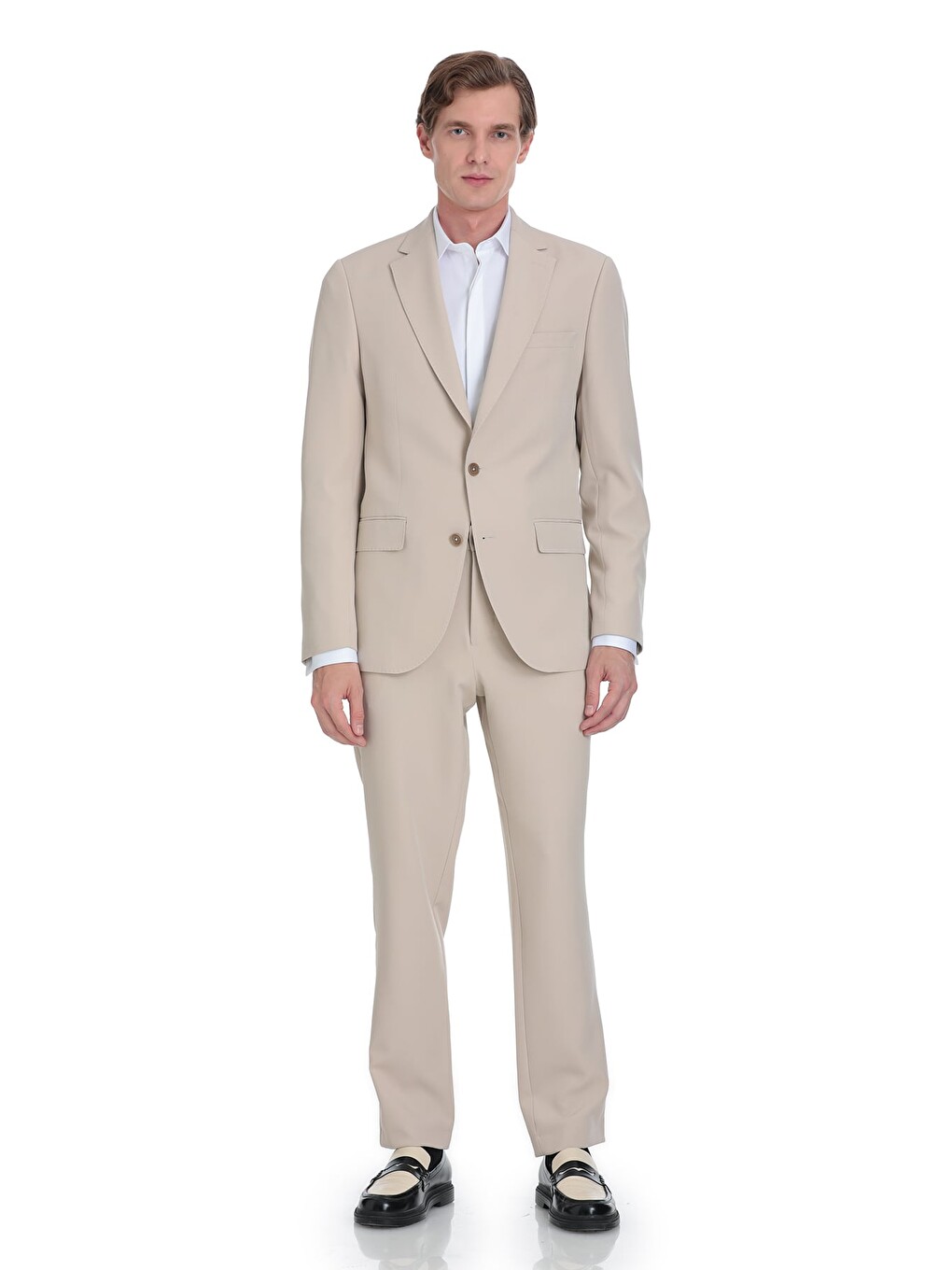 Ekru Slim Fit Mono Yaka Casual Takım Elbise